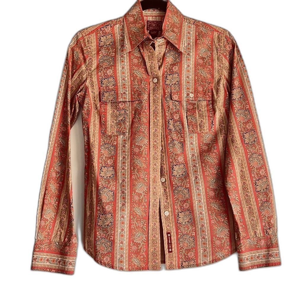 Lucky Brand Vintage Paisley Striped Buttondown Shirt Cotton Pink Peach Small